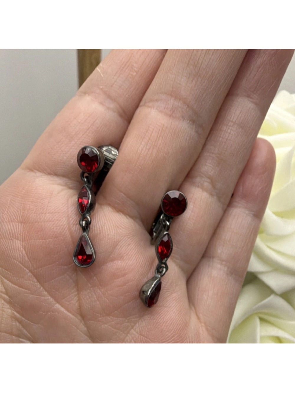 Vintage Red Drop Dangle Earrings with Dark Metal Setting